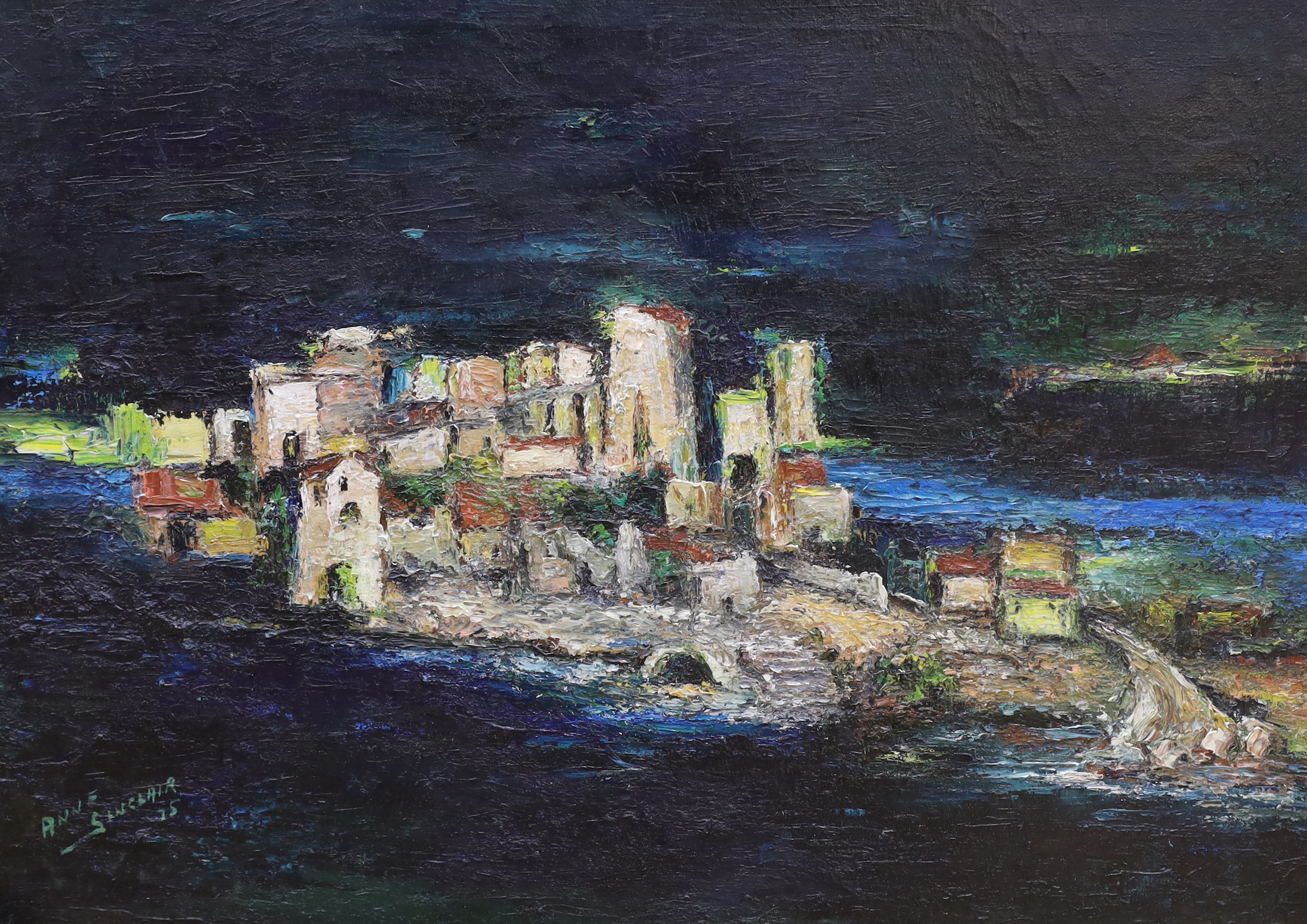 Anne Sinclair (contemporary), impasto oil on canvas, Continental villas, together with a smaller mixed media, and enamel plaque, possibly by the same hand, largest 44 x 60cm